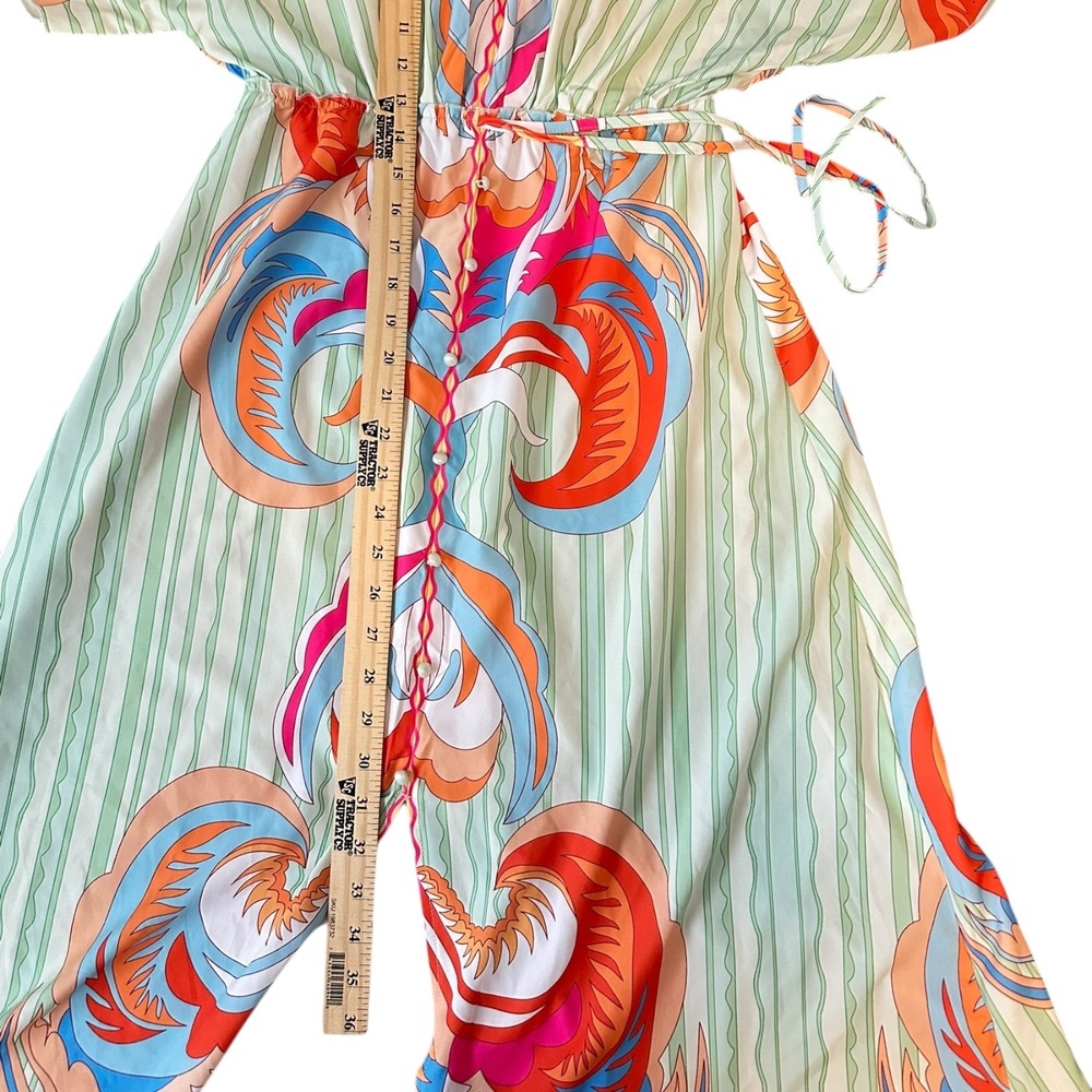 SHEIN Women's S Green Orange Abstract Print Kimono Sleeve Drawstring Maxi Dress - Picture 13 of 16